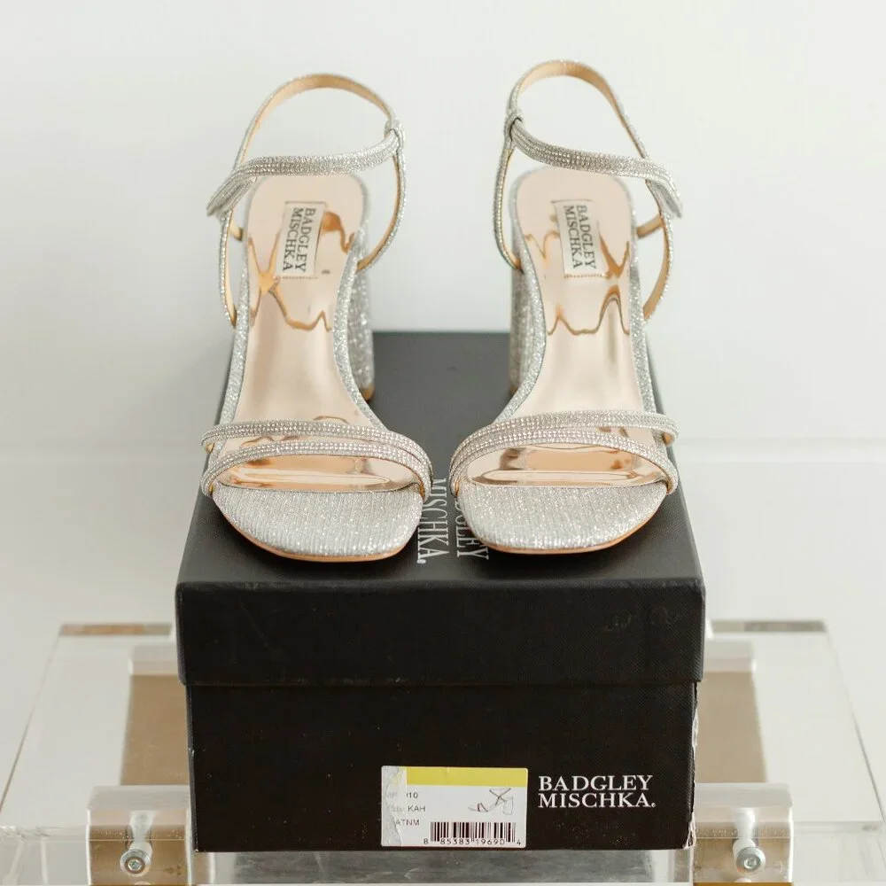 Badgley Mischka Rebekah Platinum Silver Women 8 Block Heel Sandal Fabric - Picture 3 of 14